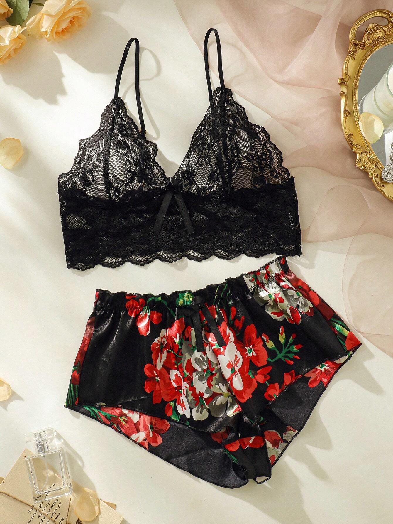 SHEIN Floral Lace Bra With Floral Print Shorts, Lingerie