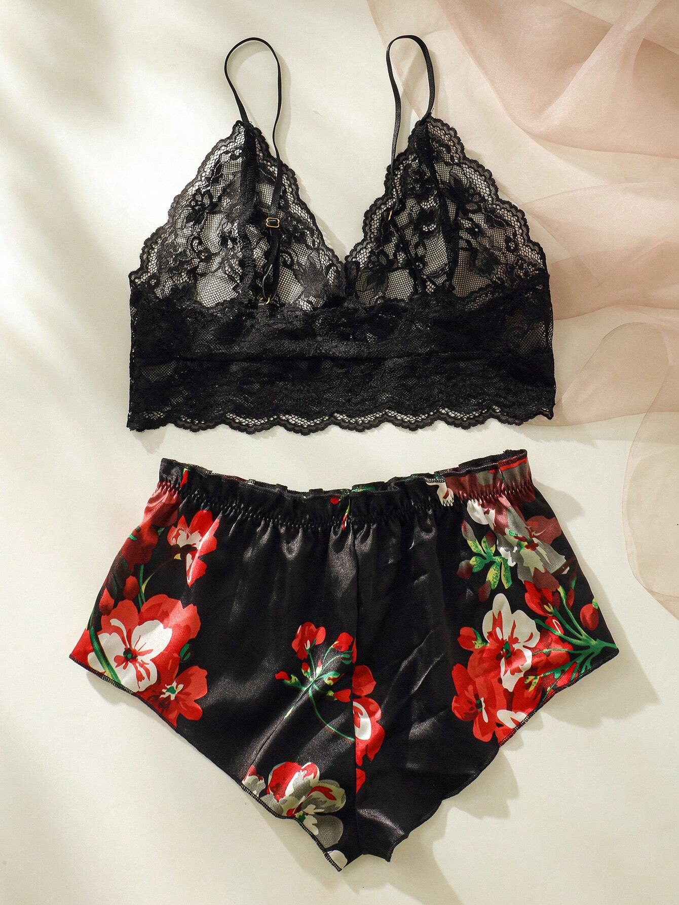 SHEIN Floral Lace Bra With Floral Print Shorts, Lingerie - Image 2