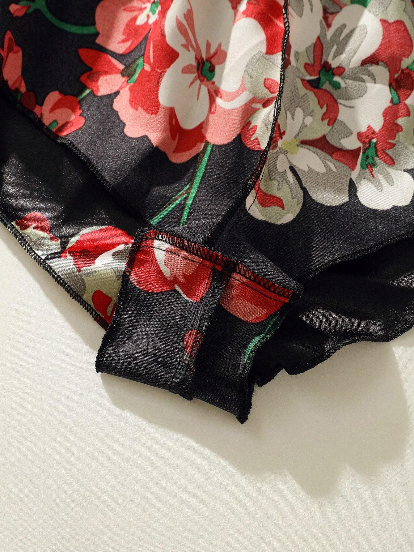 SHEIN Floral Lace Bra With Floral Print Shorts, Lingerie - Image 4