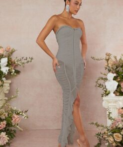 SHEIN L'Amorae Zip Up Split Ruffle Ruched Dress