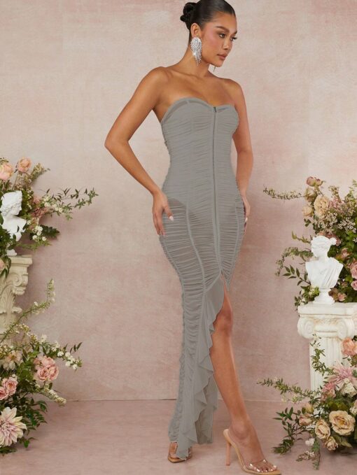 SHEIN L'Amorae Zip Up Split Ruffle Ruched Dress