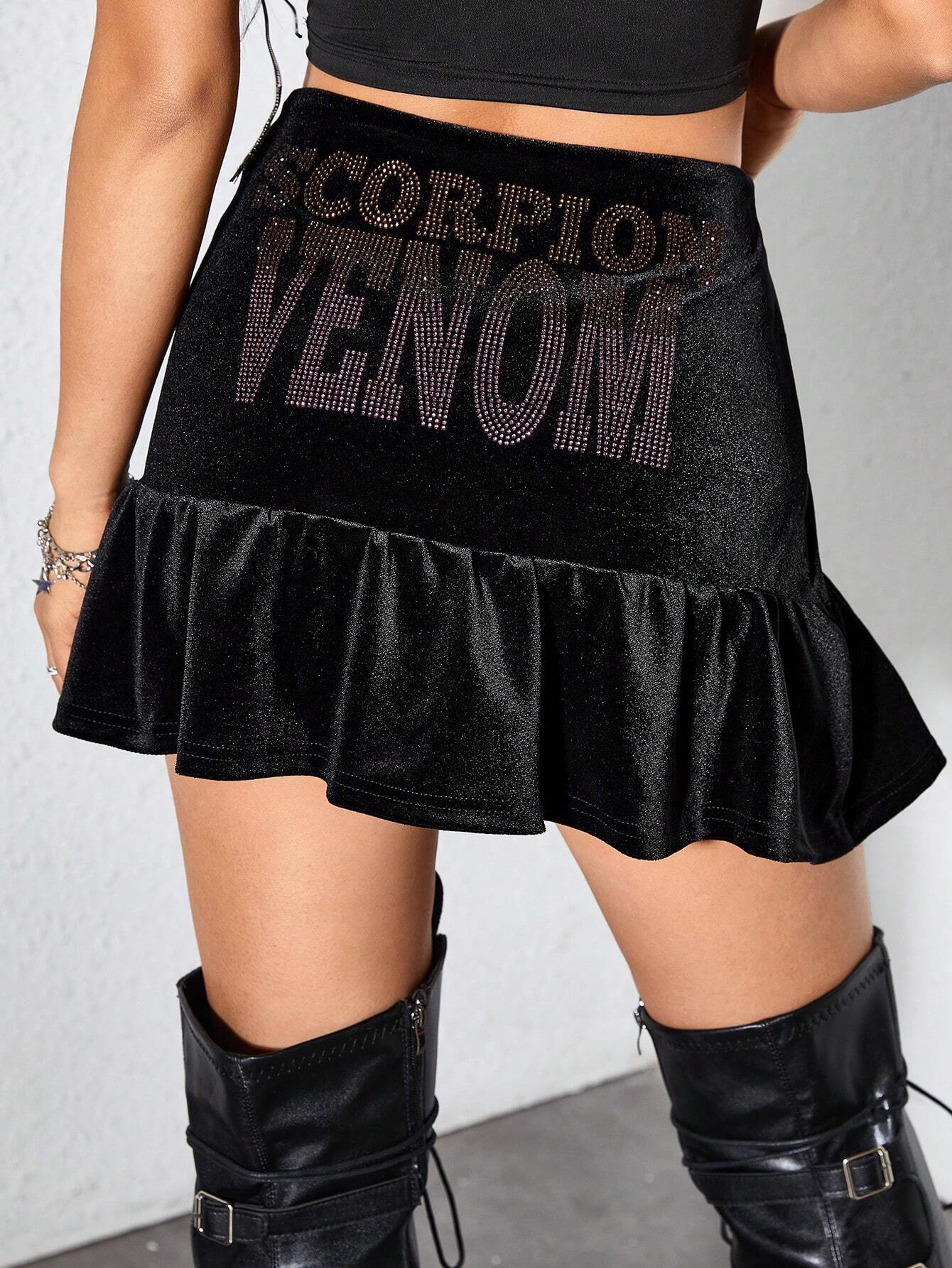 SHEIN ROMWE Grunge Punk Ladies' Sexy Tight Skirt With Pleated Hem And Rhinestone Slogan On The Back Waist