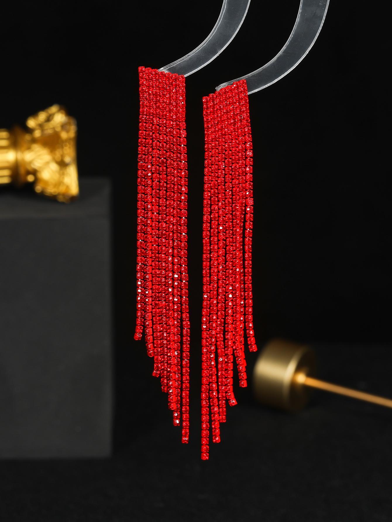 SHEIN Red Club Bar Tassel Artificial Crystal Earrings for Women 1pair - Image 3