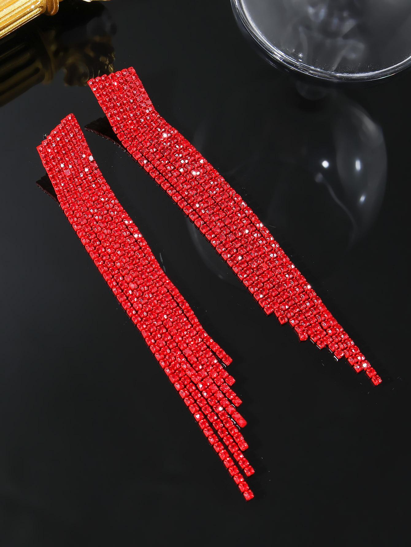 SHEIN Red Club Bar Tassel Artificial Crystal Earrings for Women 1pair - Image 4