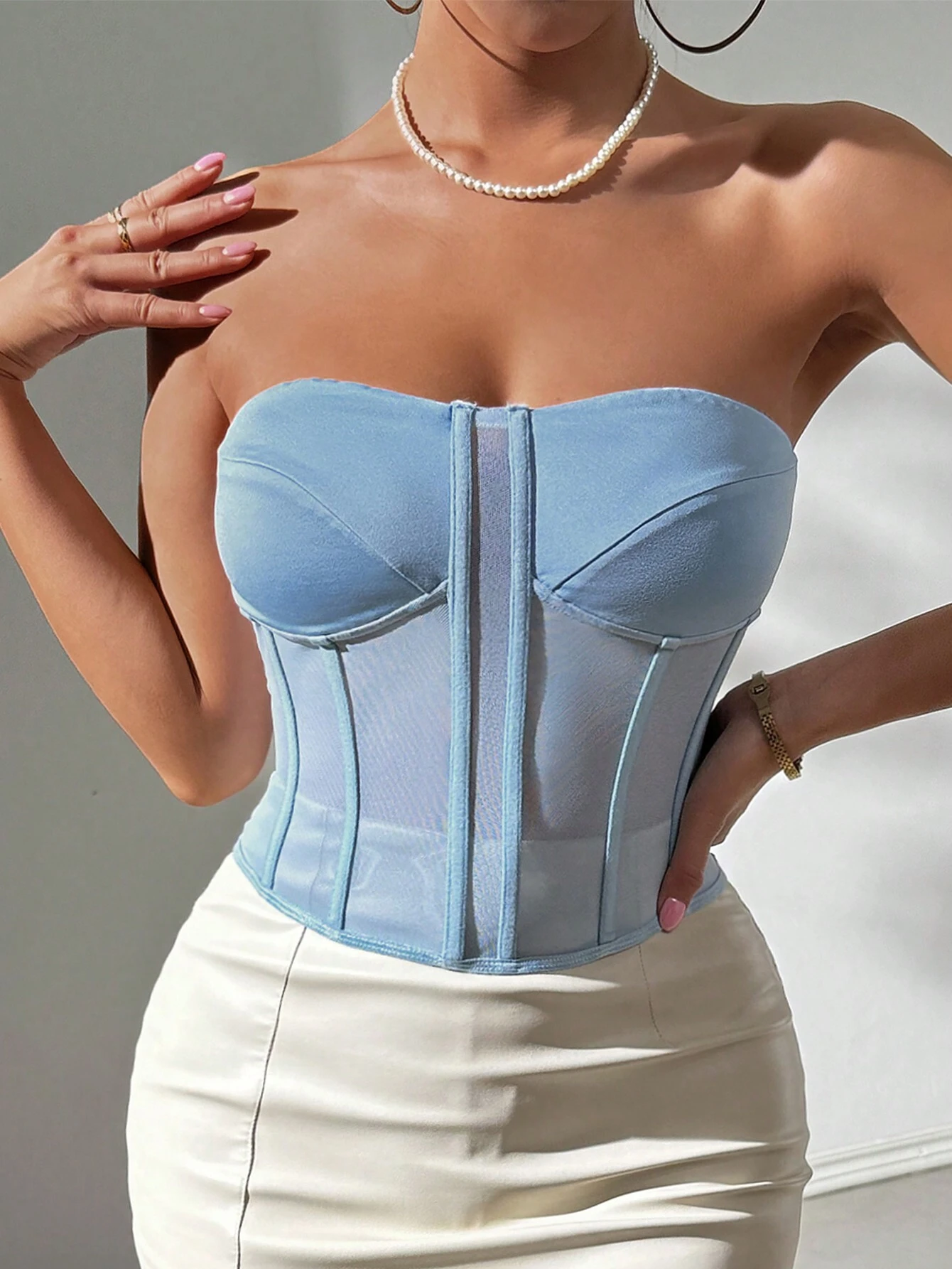 SHEIN Allurite Women's Solid Color Fishbone Ruched Summer Sleeveless Tube Top