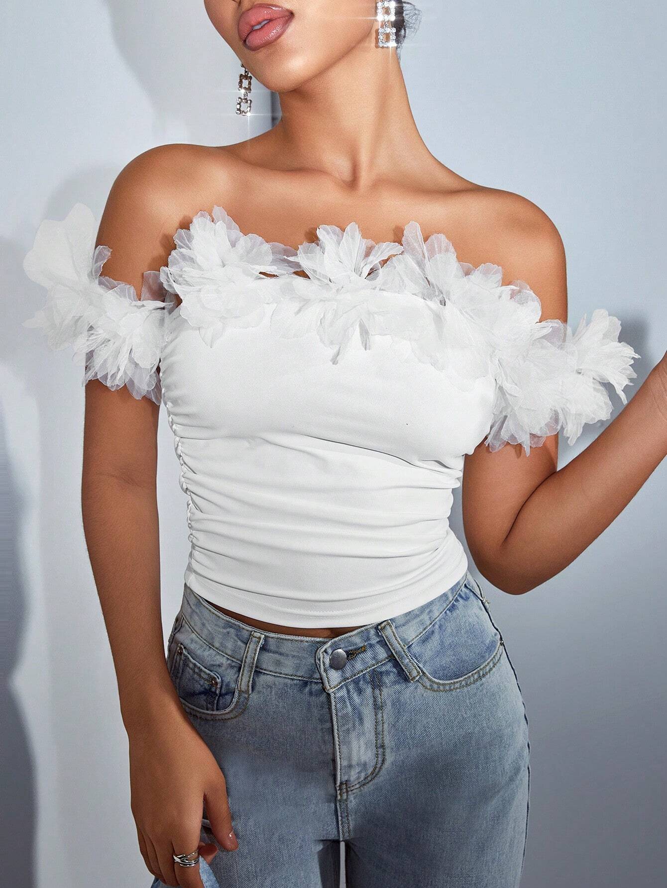 SHEIN BAE Off Shoulder 3d Floral Applique Sexy Ruched Tight Fit Women's Top