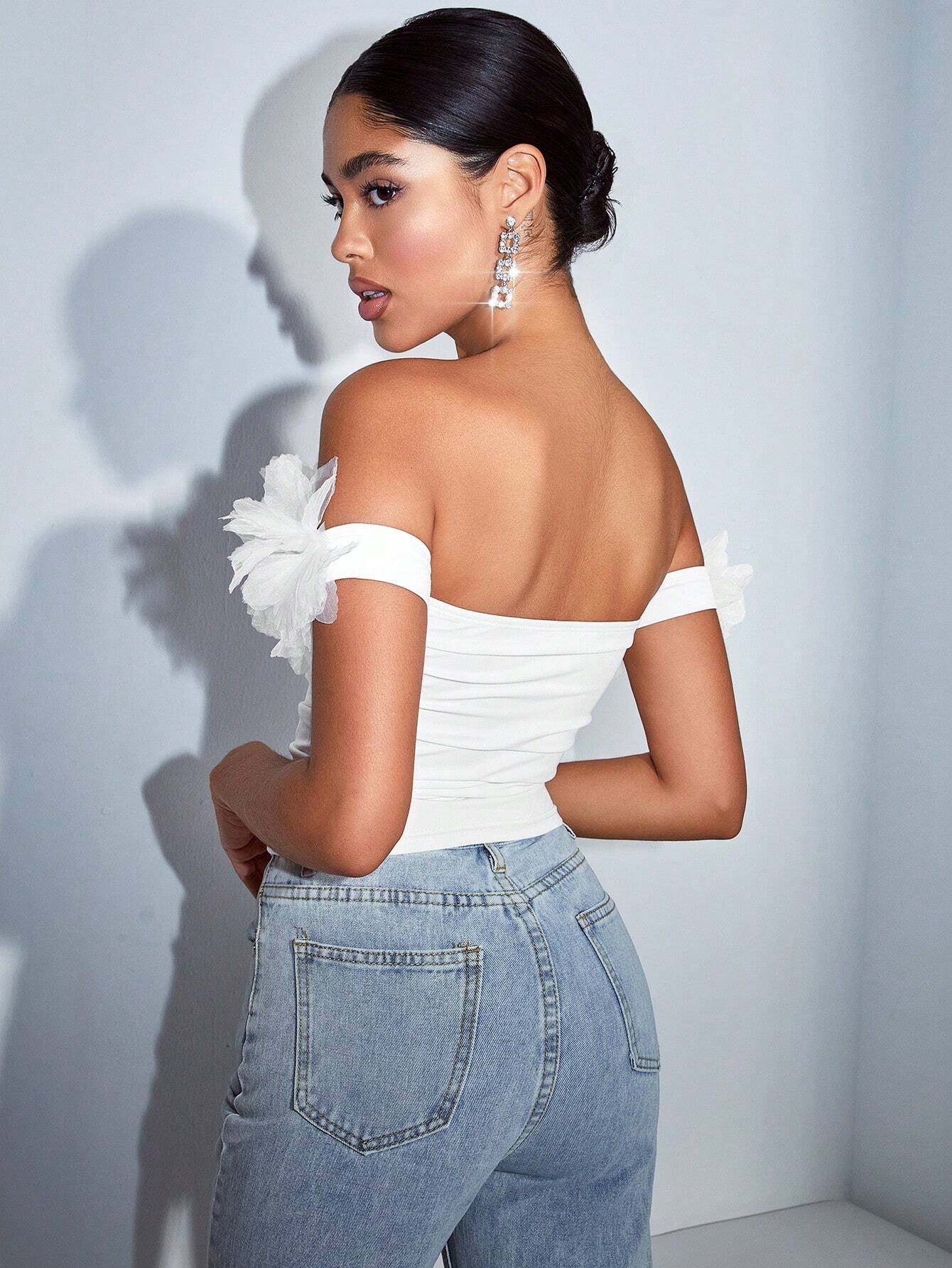 SHEIN BAE Off Shoulder 3d Floral Applique Sexy Ruched Tight Fit Women's Top - Image 2