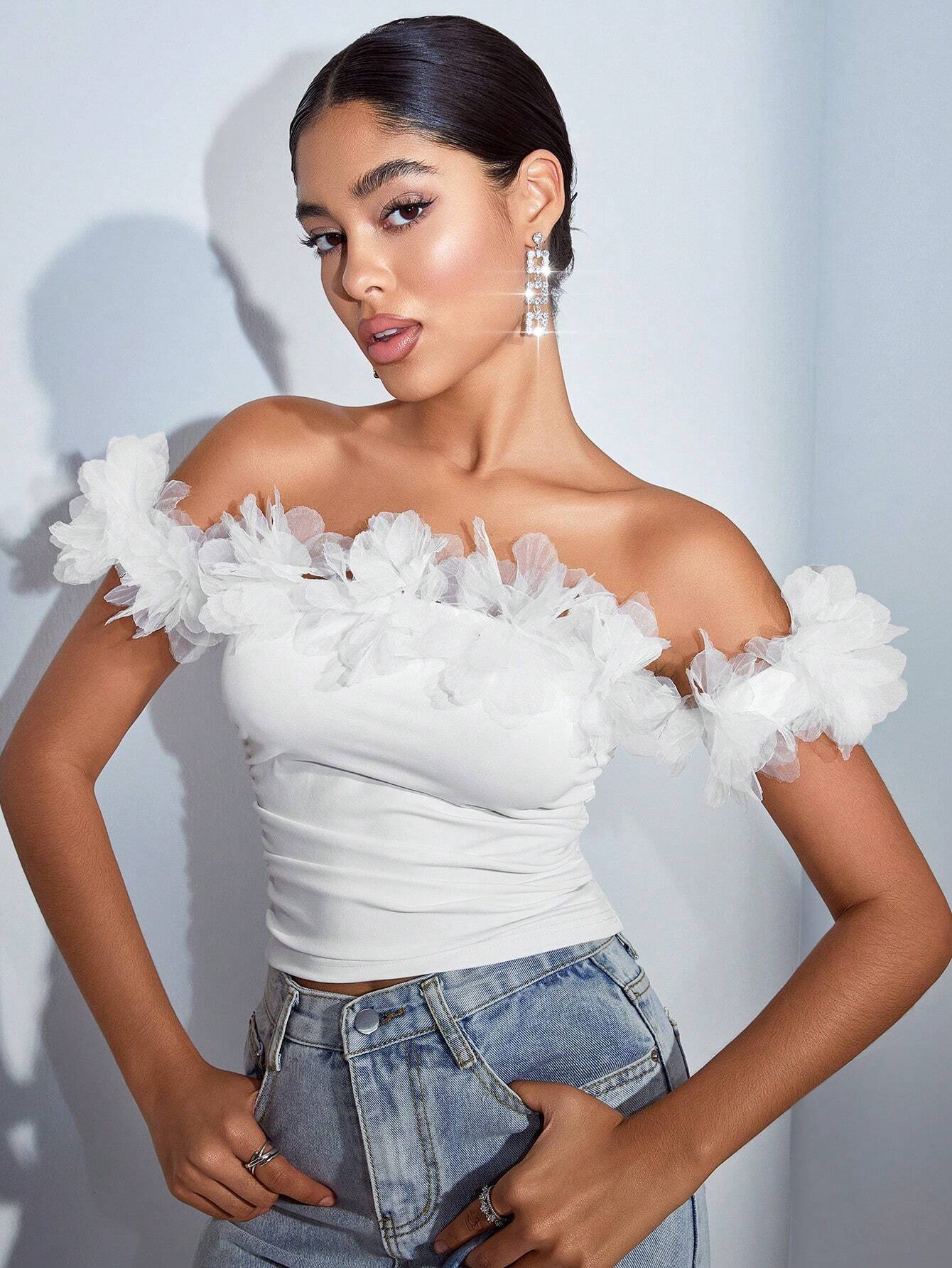 SHEIN BAE Off Shoulder 3d Floral Applique Sexy Ruched Tight Fit Women's Top - Image 3
