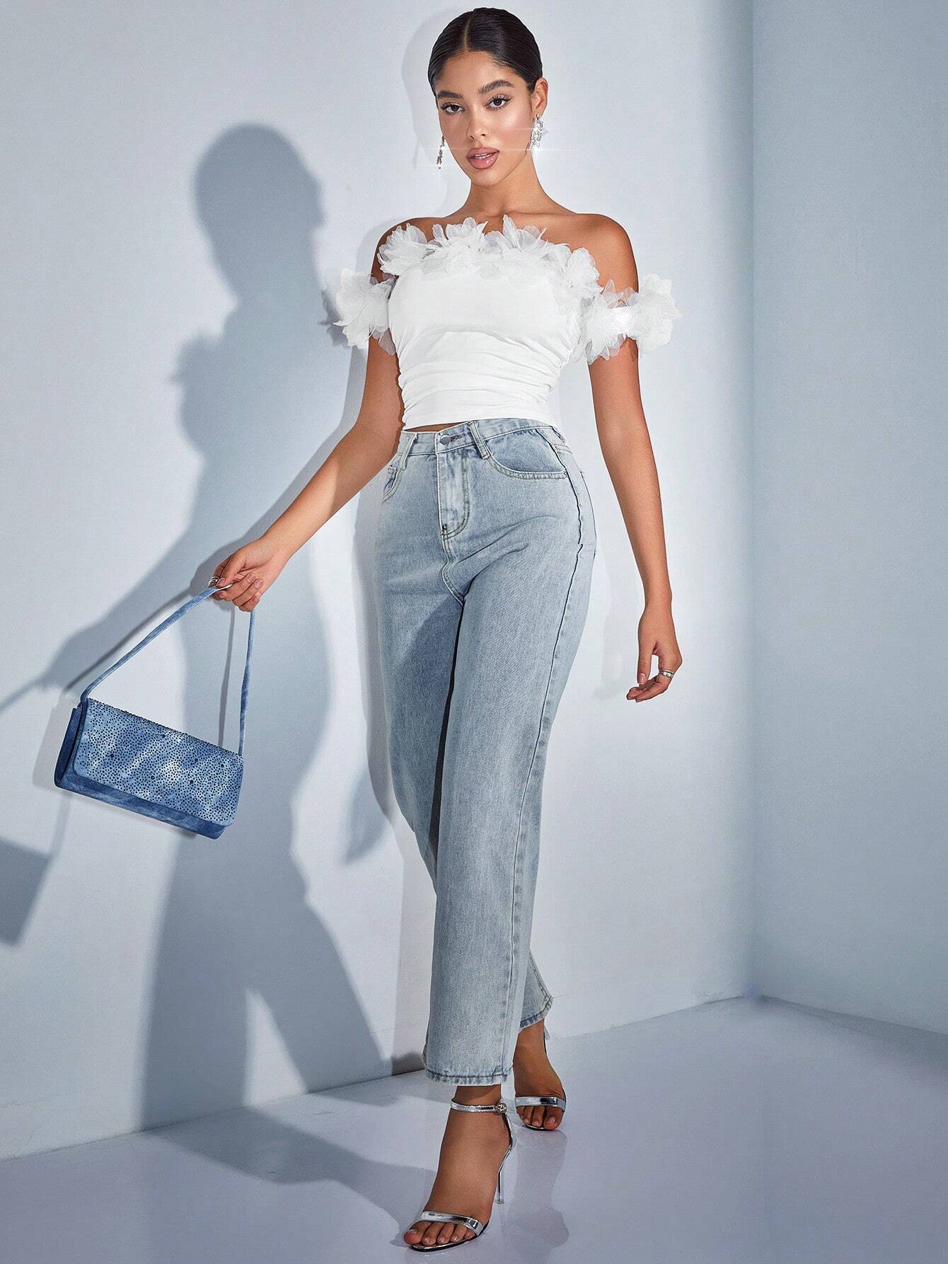 SHEIN BAE Off Shoulder 3d Floral Applique Sexy Ruched Tight Fit Women's Top - Image 4