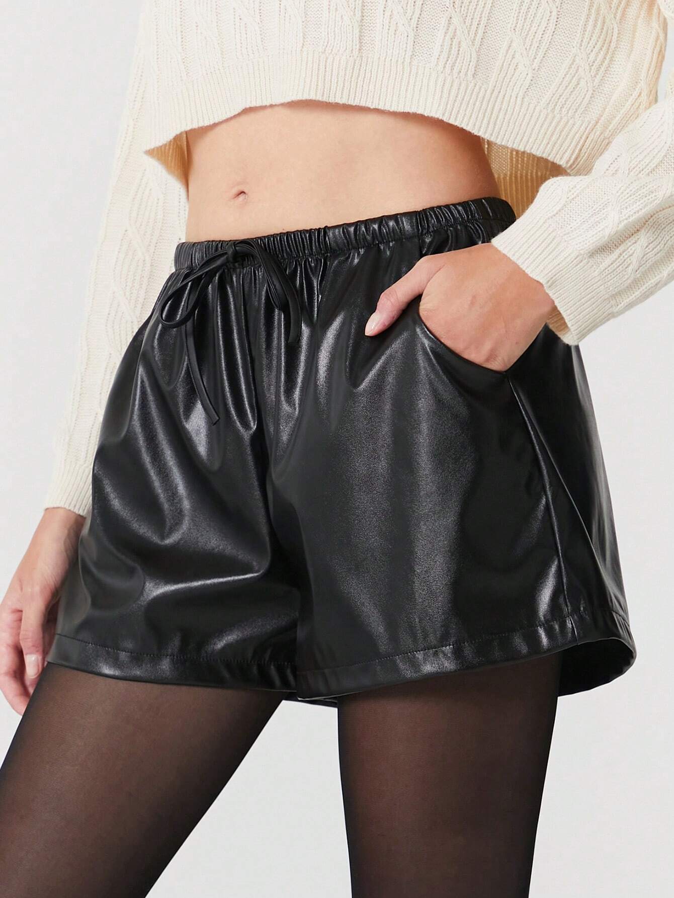 SHEIN EZwear Black Solid Knot Waist Pu Shorts