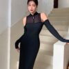 SHEIN EastFlair Women's New Chinese Style Qipao Collar Mesh Contrast Cold Shoulder Top