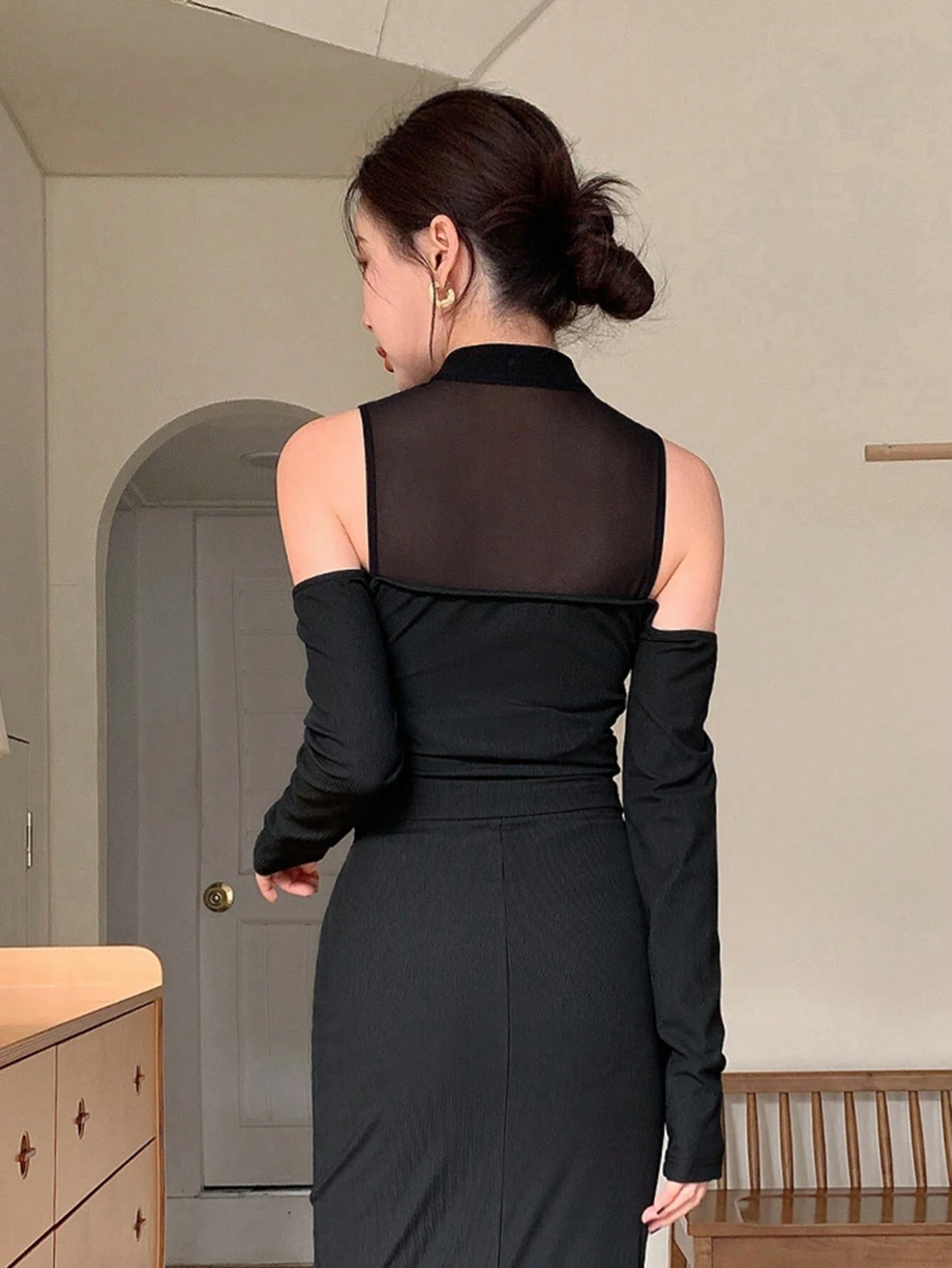 SHEIN EastFlair Women's New Chinese Style Qipao Collar Mesh Contrast Cold Shoulder Top - Image 2