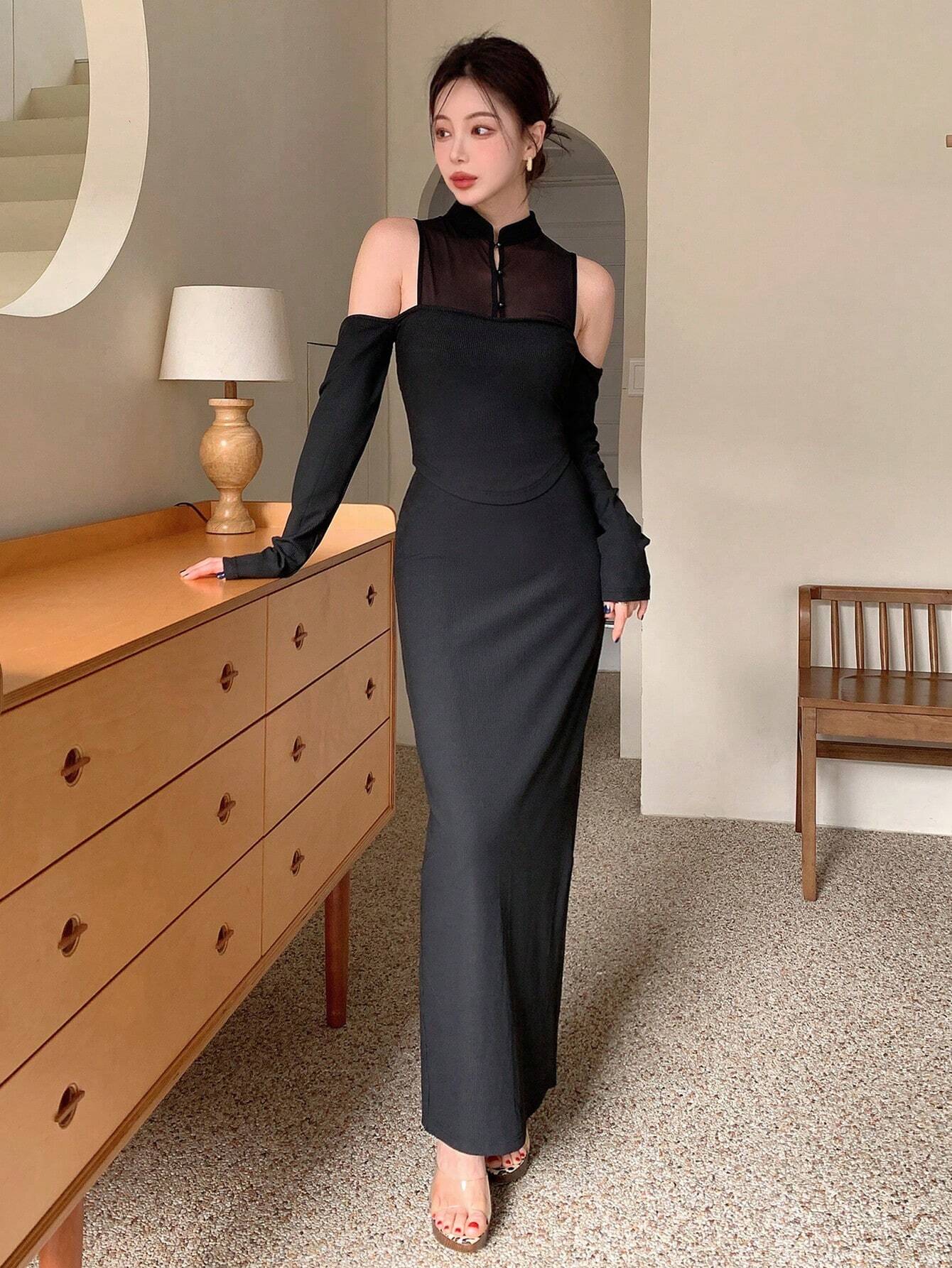 SHEIN EastFlair Women's New Chinese Style Qipao Collar Mesh Contrast Cold Shoulder Top - Image 3