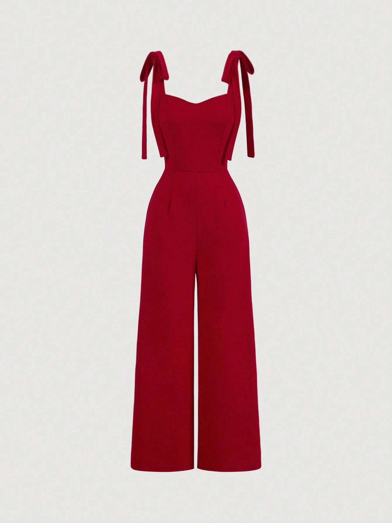SHEIN MOD Red Suspender Front Tie Straight Pants, Christmas Clothing, Autumn And Winter Jumpsuits, Elegant Clothing, Party Jumpsuits, Date Clothing