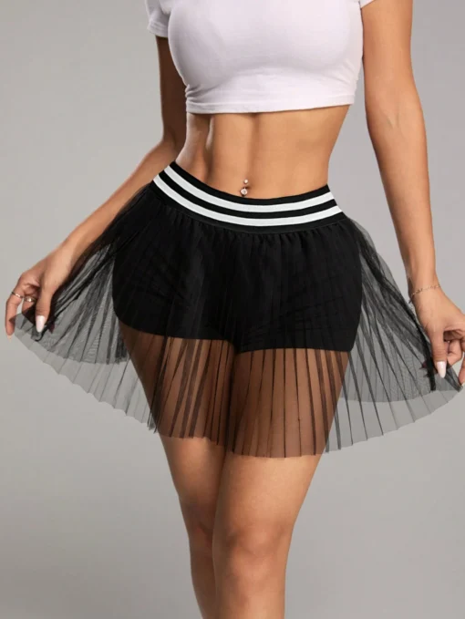 SHEIN MOOSTA Women's Summer Fashion Contrast Color Striped See-Through Mesh Contrast Skirt Shorts
