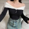 SHEIN Modely Women's Contrast Color Off-Shoulder Long Sleeve Pleated Slim Fit T-Shirt, Spring-Summer