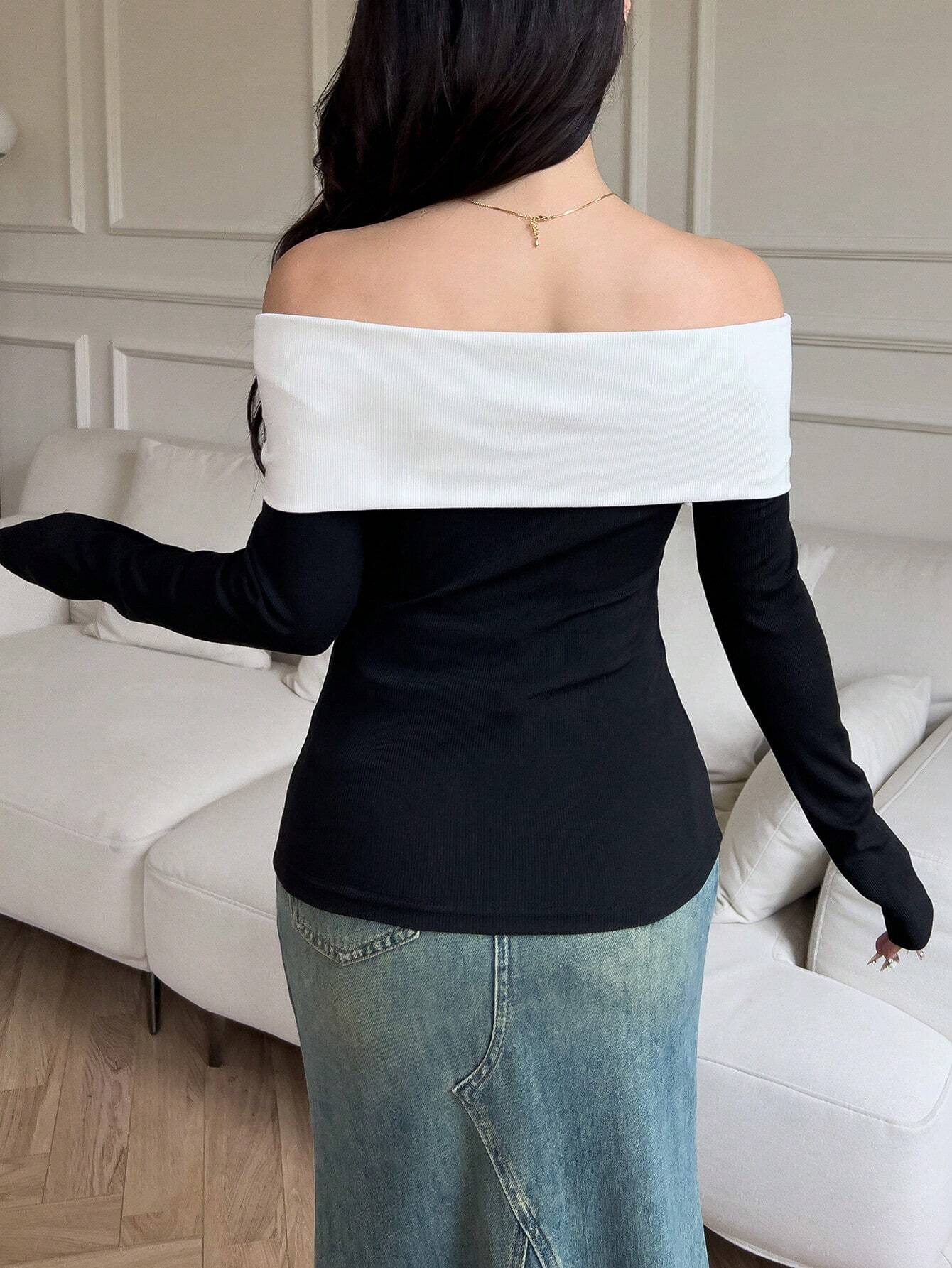 SHEIN Modely Women's Contrast Color Off-Shoulder Long Sleeve Pleated Slim Fit T-Shirt, Spring-Summer - Image 4