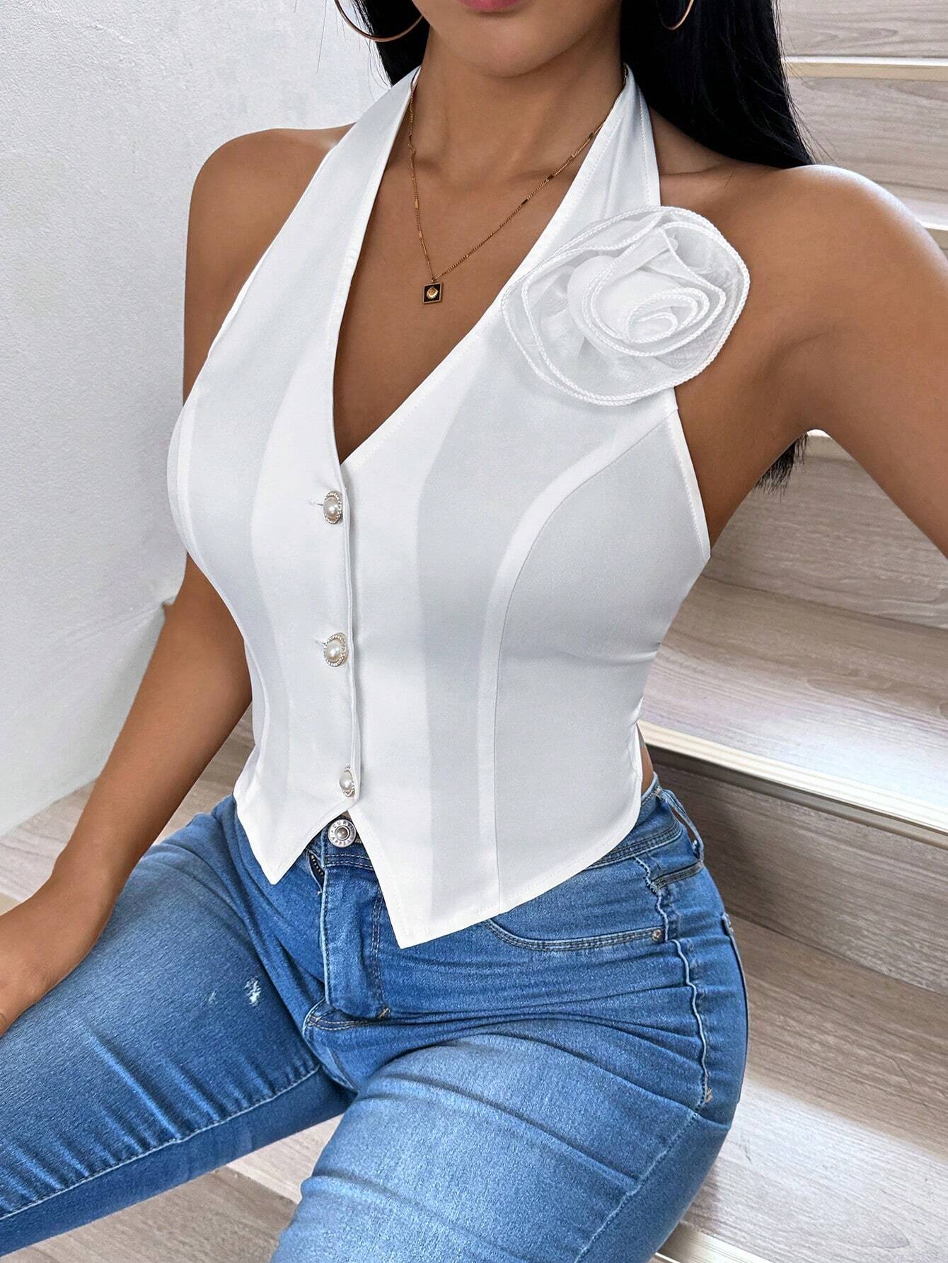 SHEIN Raffinéa White Asymmetrical High-End Elegant 3D Floral Sleeveless Short Vest Jacket - Image 3
