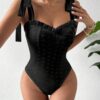 SHEIN VCAY Summer Solid Color Pleated Hollow Out Embroidery Knotted Wide Strap Sleeveless Bodysuit