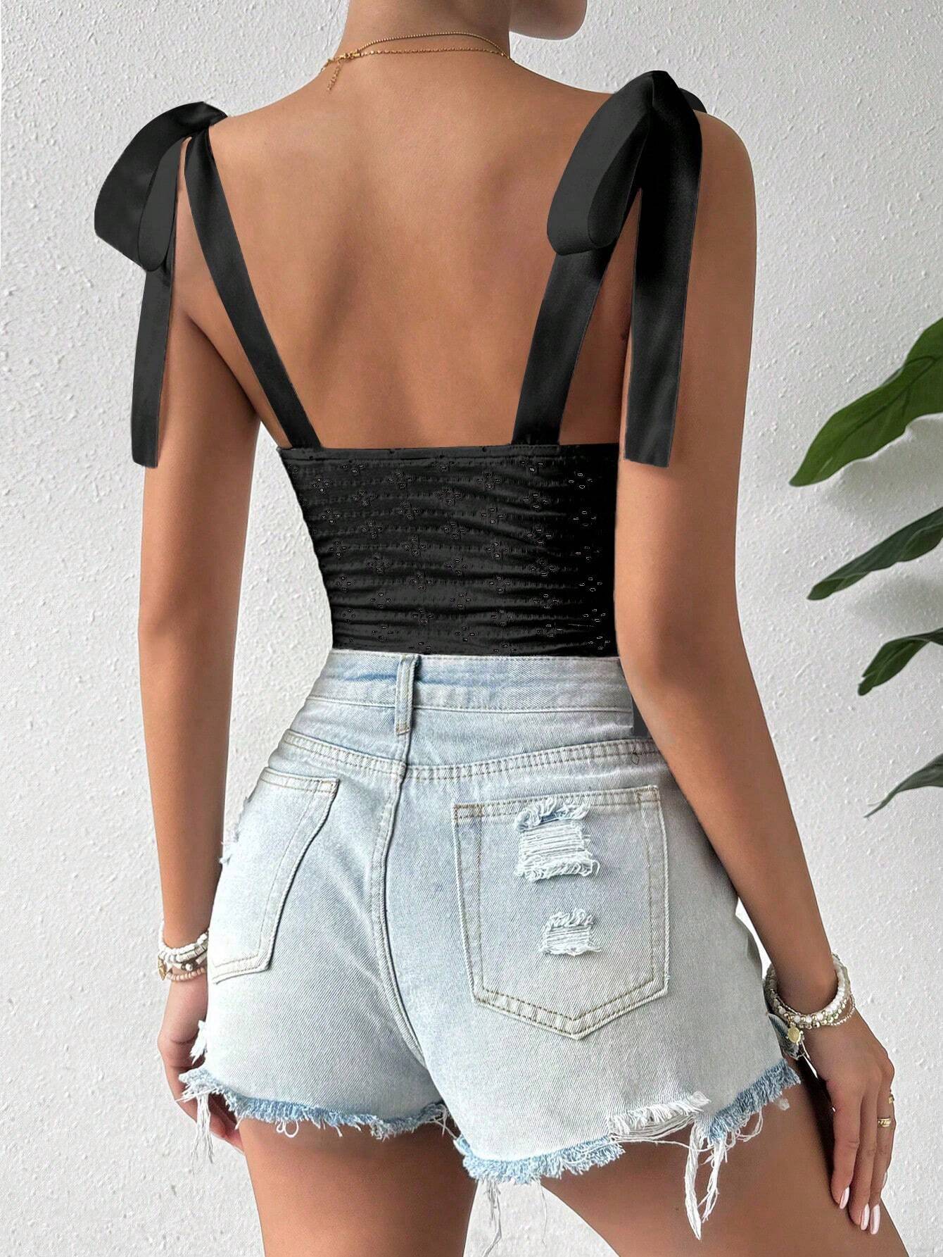 SHEIN VCAY Summer Solid Color Pleated Hollow Out Embroidery Knotted Wide Strap Sleeveless Bodysuit - Image 2