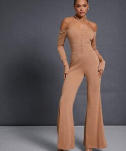 SHEIN Haute Winter Women Clothes, Casual Long Sleeves Rib Knit Off Shoulder Flare Leg Camel Jumpsuit
