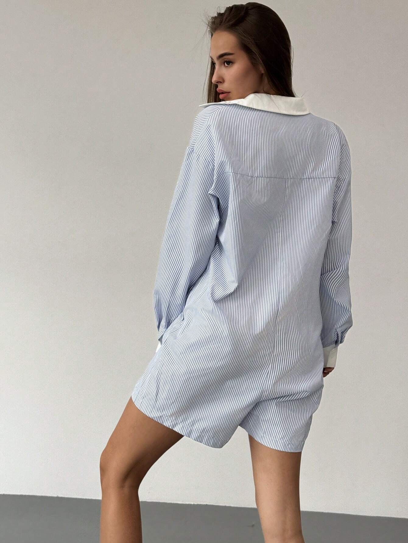 SHEIN Aloruh New Lapel Long Sleeve Casual Loose Blouse And Striped Color Blocking Jumpsuit - Image 2