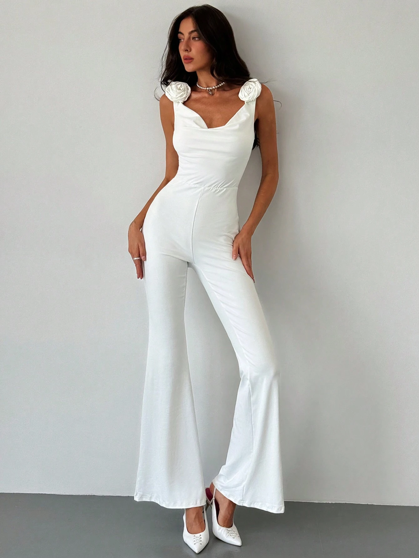 SHEIN Aloruh White Jumpsuit For Women With 3D Flower, Tight-Fitting And Floor-Length