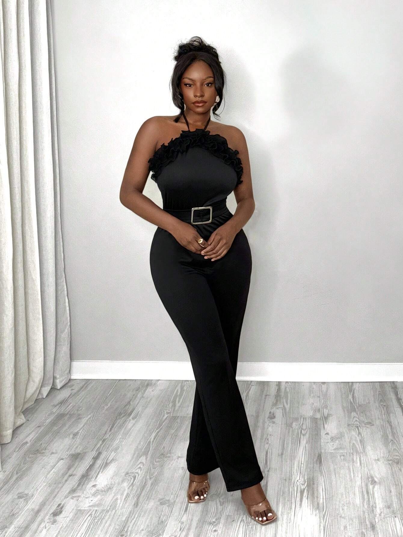 SHEIN BamGleam Women's Elegant Solid Color Ruffle Trim Buckle Belted Slim Fitted Jumpsuit