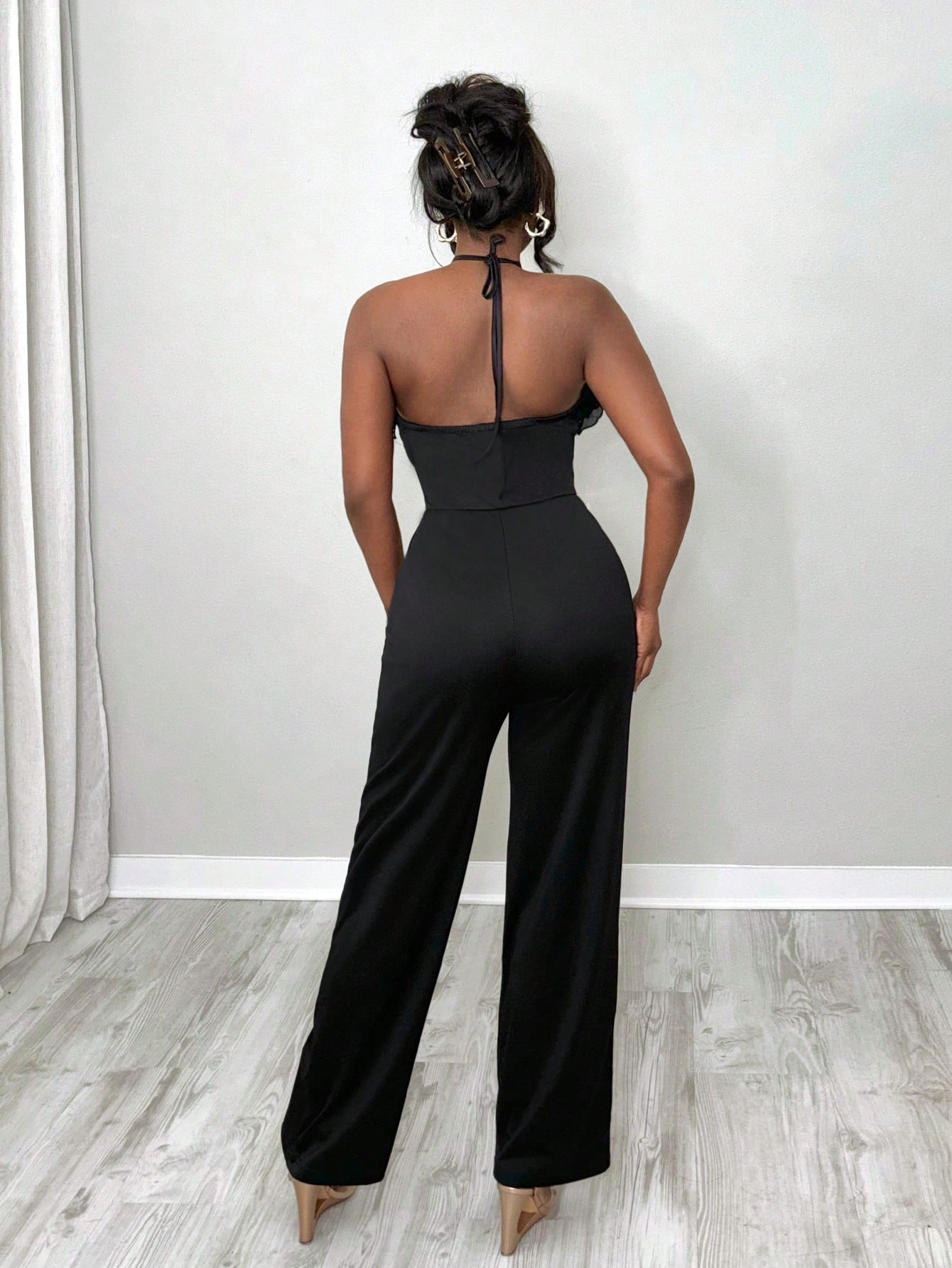 SHEIN BamGleam Women's Elegant Solid Color Ruffle Trim Buckle Belted Slim Fitted Jumpsuit - Image 2