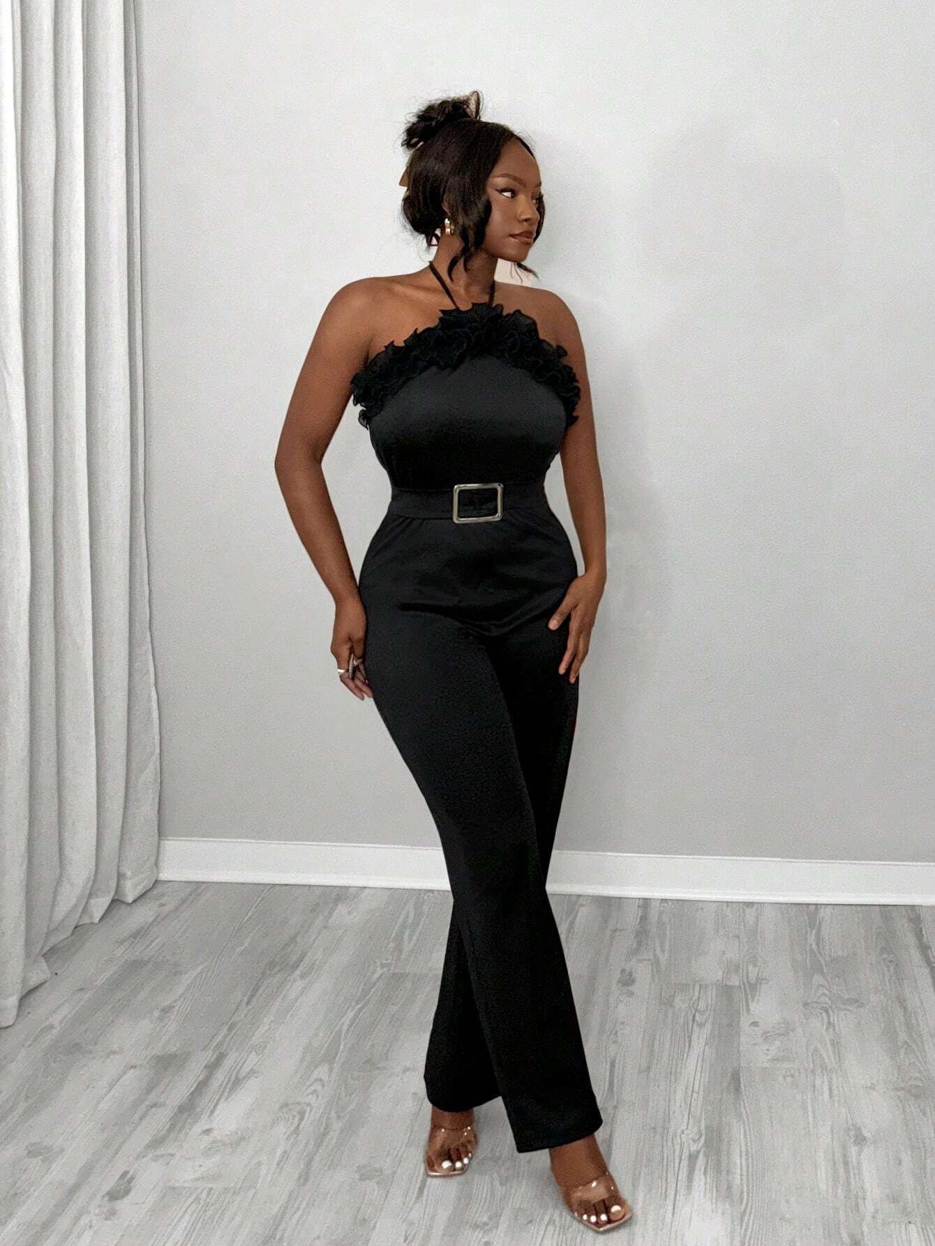 SHEIN BamGleam Women's Elegant Solid Color Ruffle Trim Buckle Belted Slim Fitted Jumpsuit - Image 3