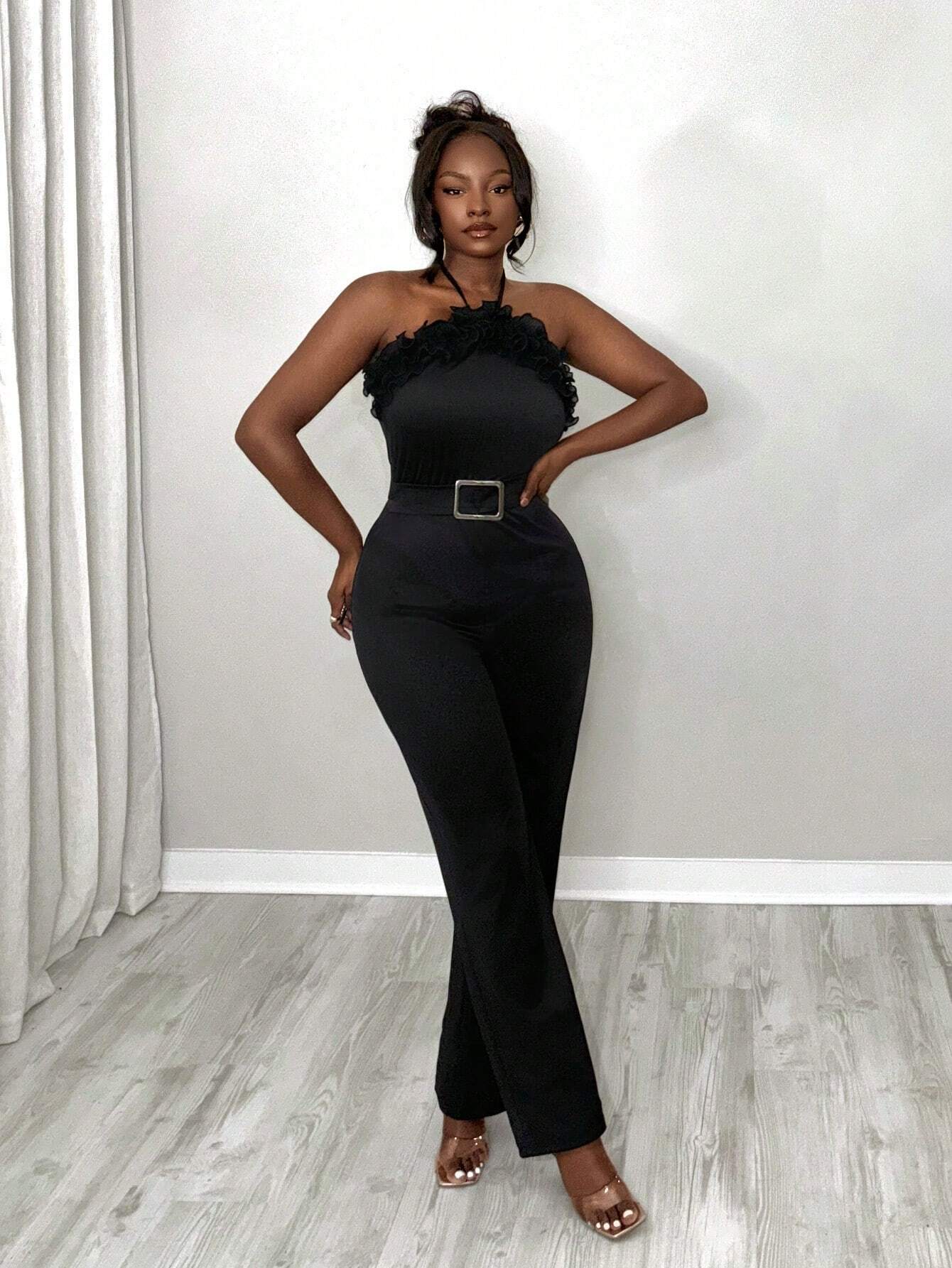 SHEIN BamGleam Women's Elegant Solid Color Ruffle Trim Buckle Belted Slim Fitted Jumpsuit - Image 4