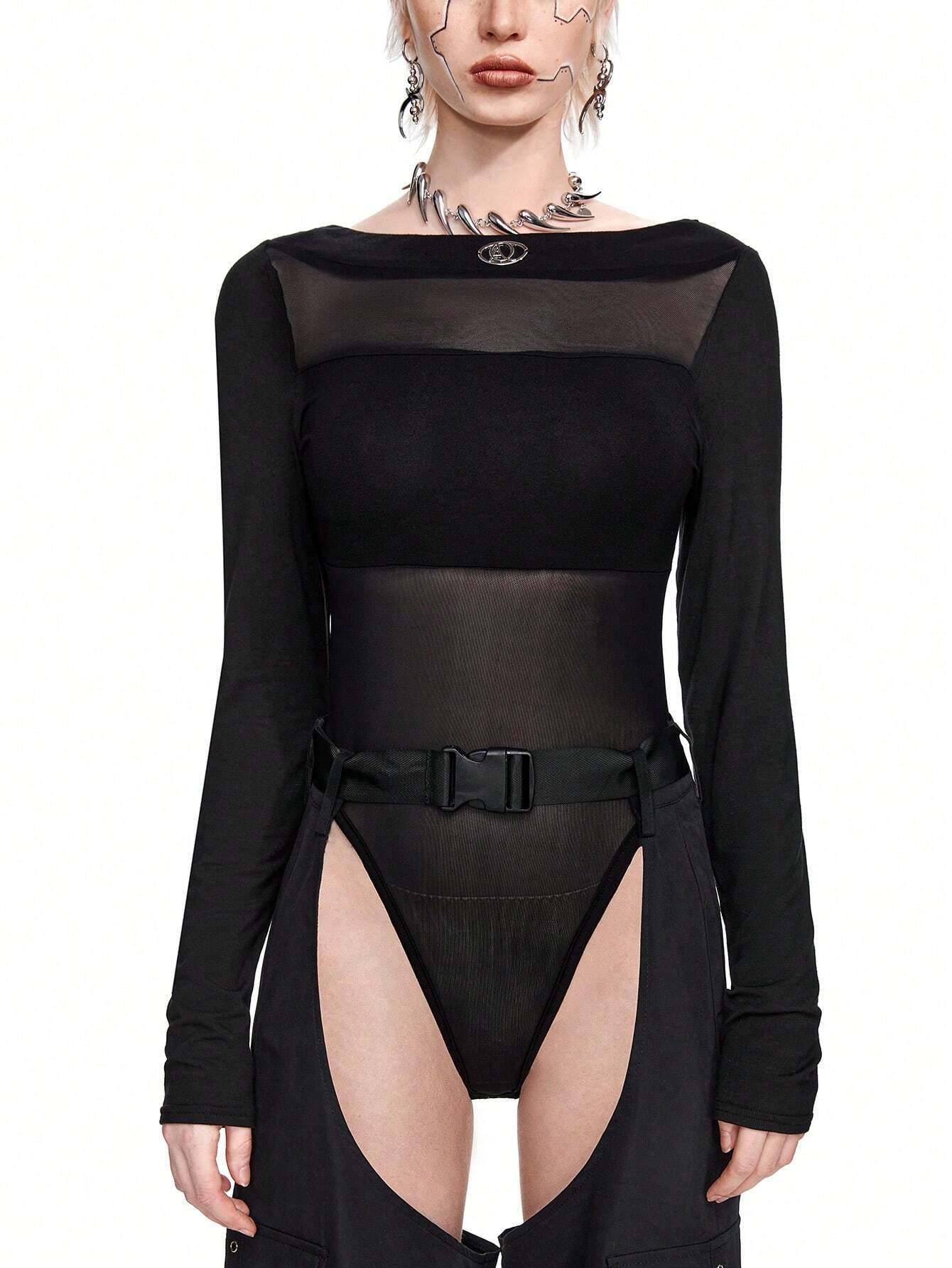 SHEIN ROMWE Grunge Punk Y2K Sexy Cutout Mesh Contrast Bodysuit