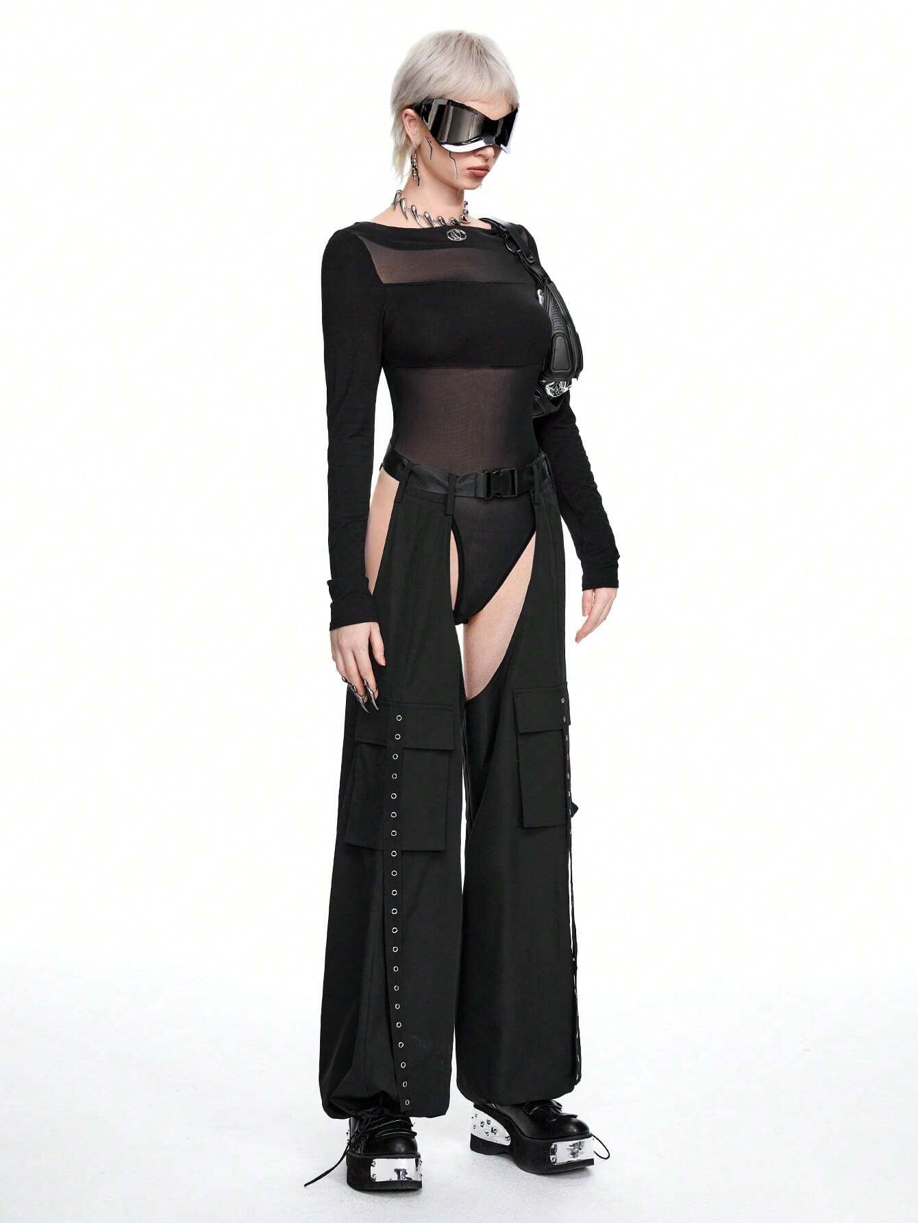 SHEIN ROMWE Grunge Punk Y2K Sexy Cutout Mesh Contrast Bodysuit - Image 2