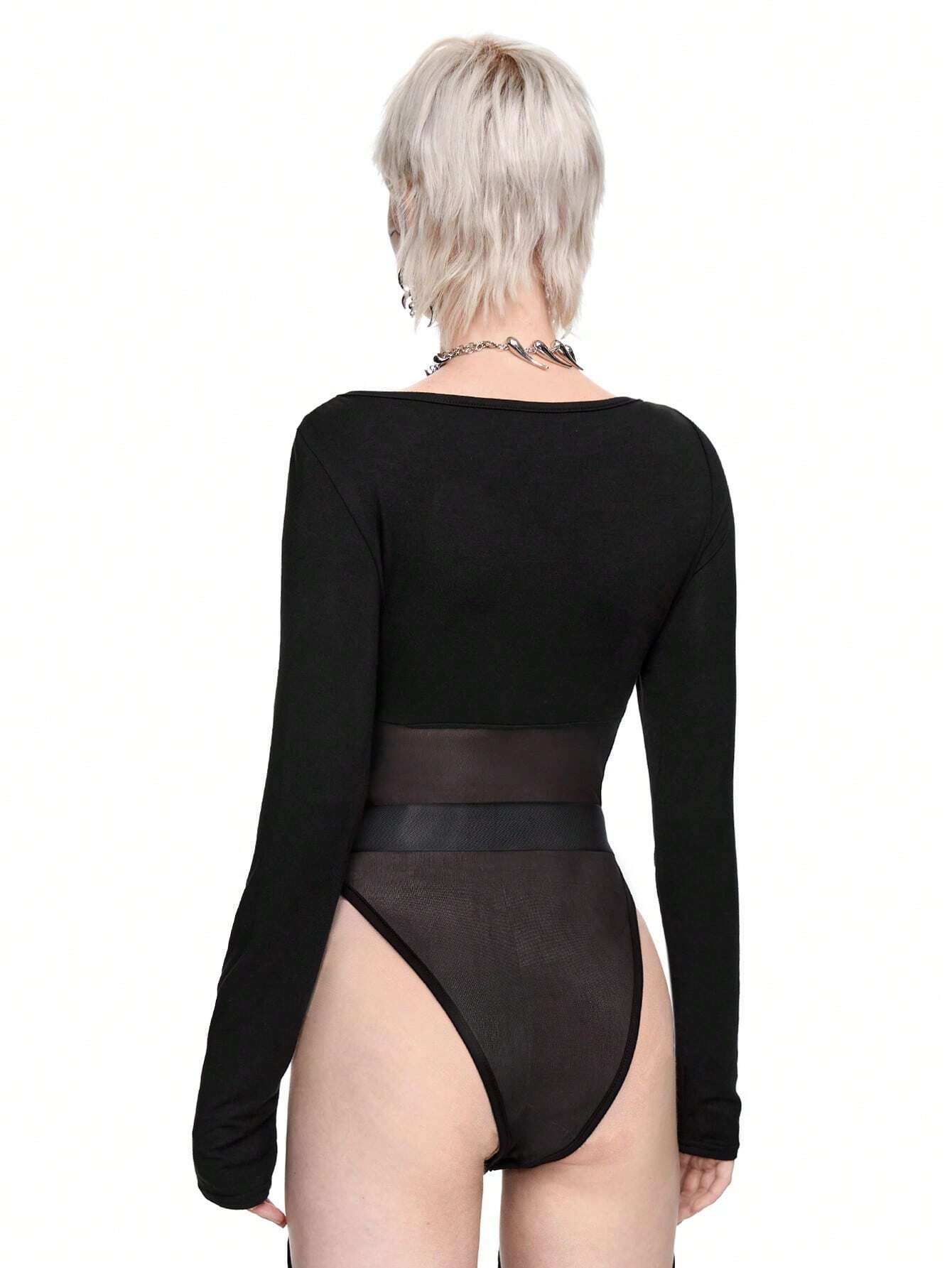 SHEIN ROMWE Grunge Punk Y2K Sexy Cutout Mesh Contrast Bodysuit - Image 3