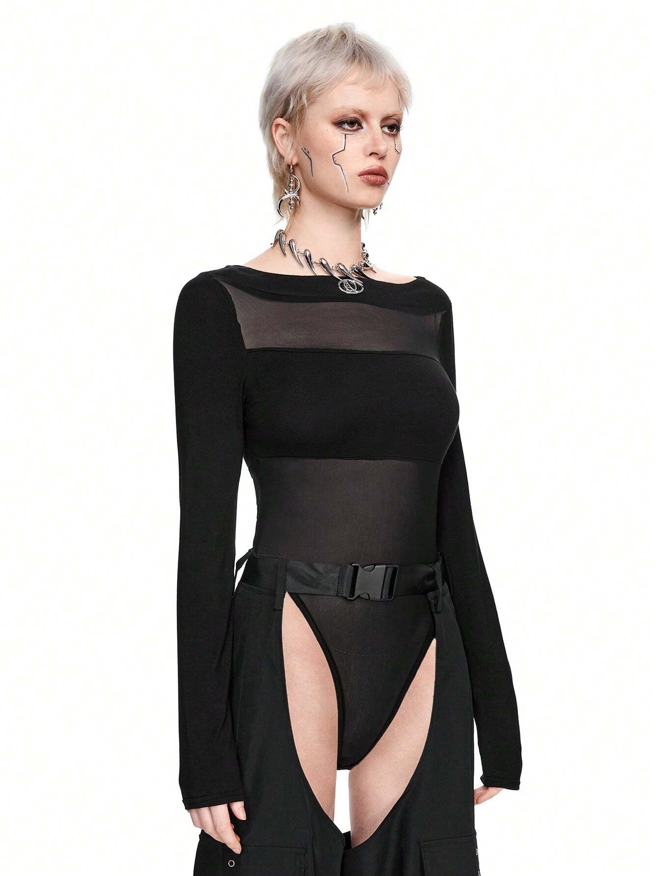 SHEIN ROMWE Grunge Punk Y2K Sexy Cutout Mesh Contrast Bodysuit - Image 4