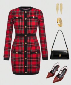 SHEIN Ellevyn Women's Autumn And Winter Elegant Long Sleeved Red Christmas Plaid Contrasting Black