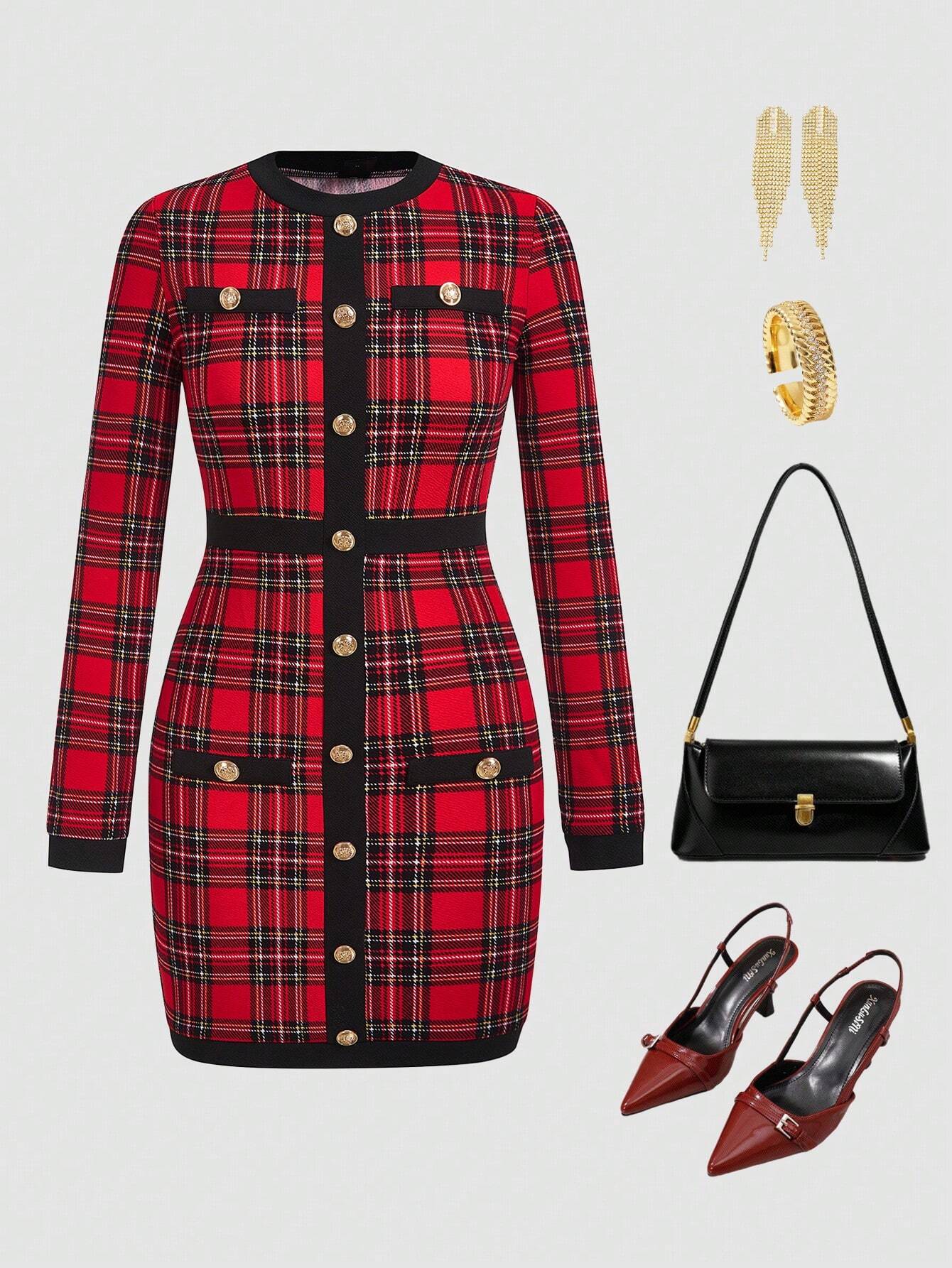 SHEIN Ellevyn Women's Autumn And Winter Elegant Long Sleeved Red Christmas Plaid Contrasting Black