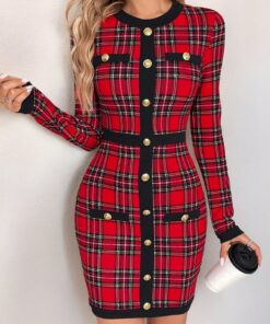 Alternative view of SHEIN Ellevyn Women's Autumn And Winter Elegant Long Sleeved Red Christmas Plaid Contrasting Black