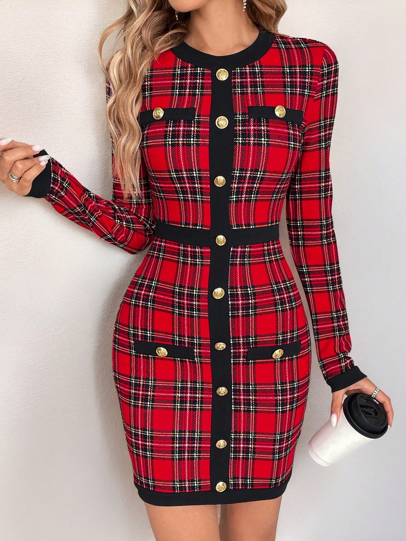 SHEIN Ellevyn Women's Autumn And Winter Elegant Long Sleeved Red Christmas Plaid Contrasting Black - Image 2