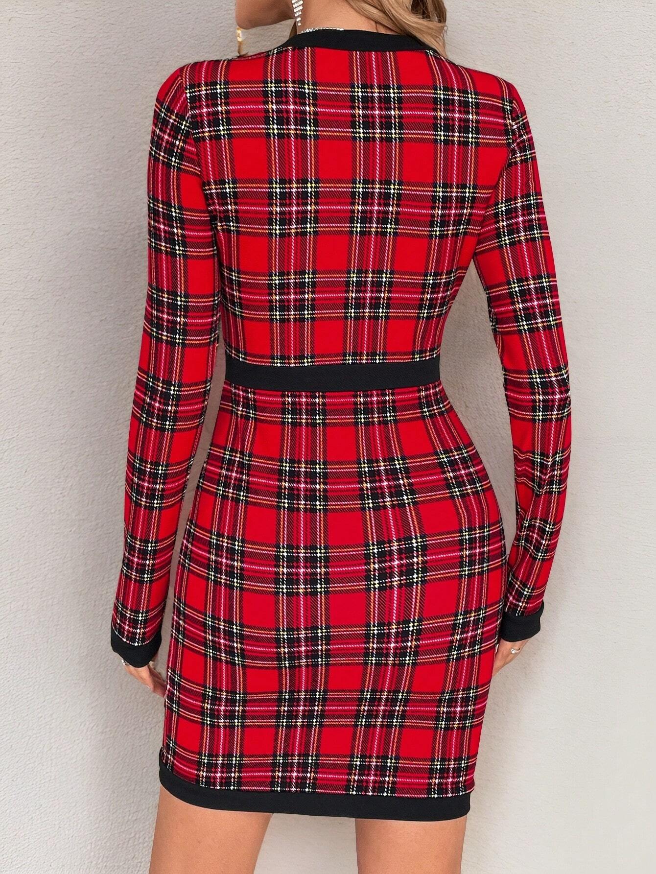 SHEIN Ellevyn Women's Autumn And Winter Elegant Long Sleeved Red Christmas Plaid Contrasting Black - Image 4