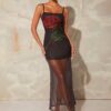 SHEIN Haute Rose Print Mesh Splice Cami Dress