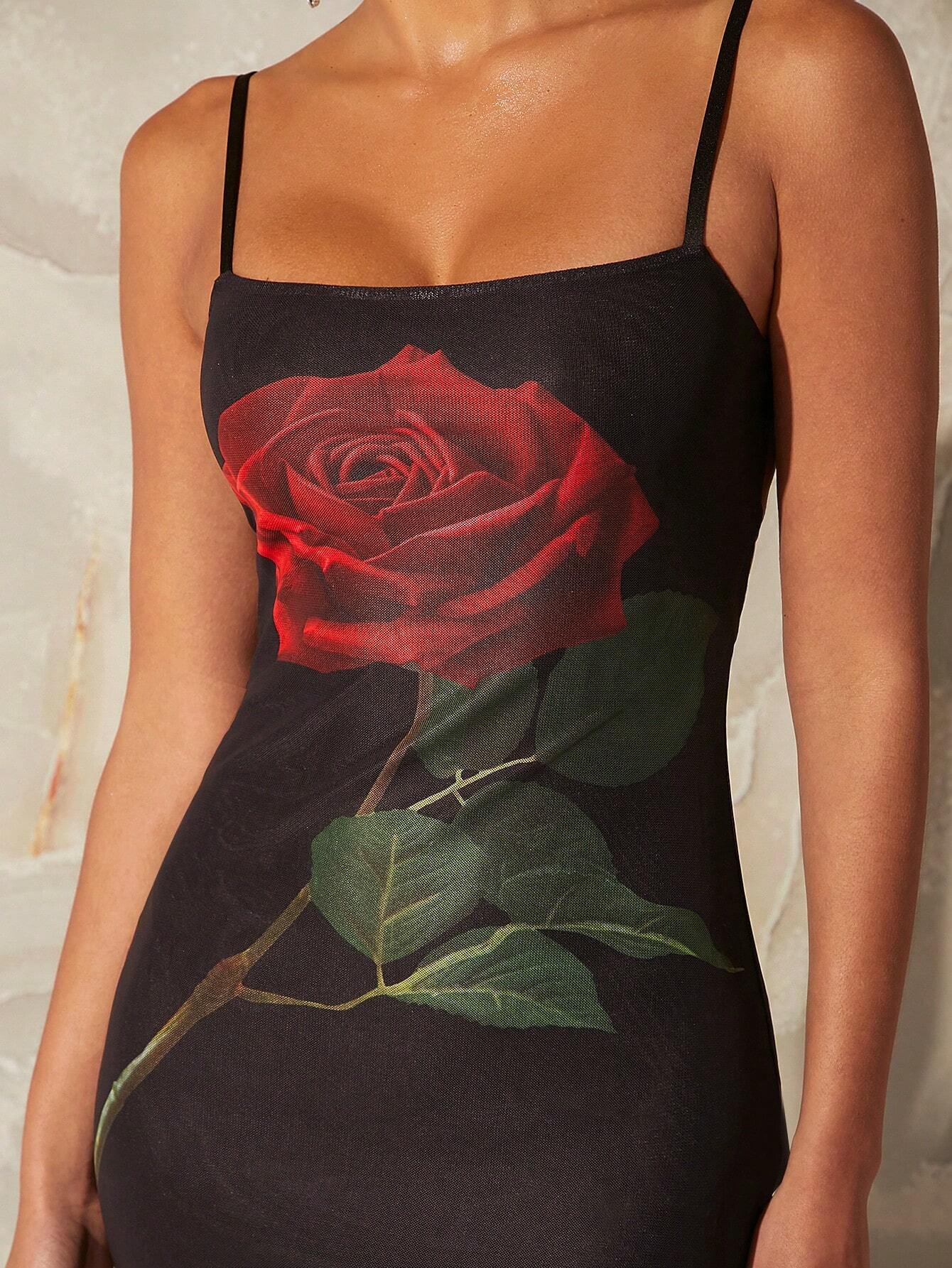 SHEIN Haute Rose Print Mesh Splice Cami Dress - Image 3