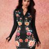 SHEIN Privé SHEIN X Day Of The Dead Women's Floral Print Long Sleeve Zip Front Short Dress