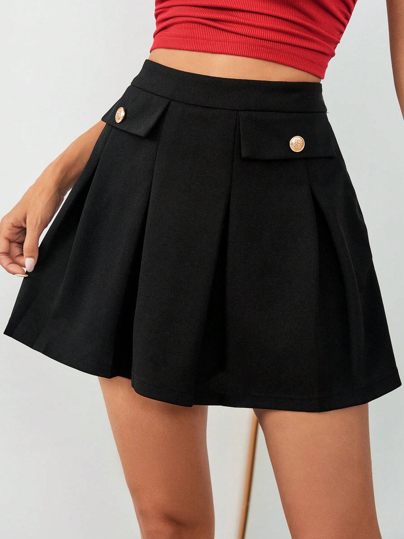 SHEIN Privé Women's Summer Elegant & Casual & Daily & Dating & Work Loose A-Line Button Decor Black Mini Skirt