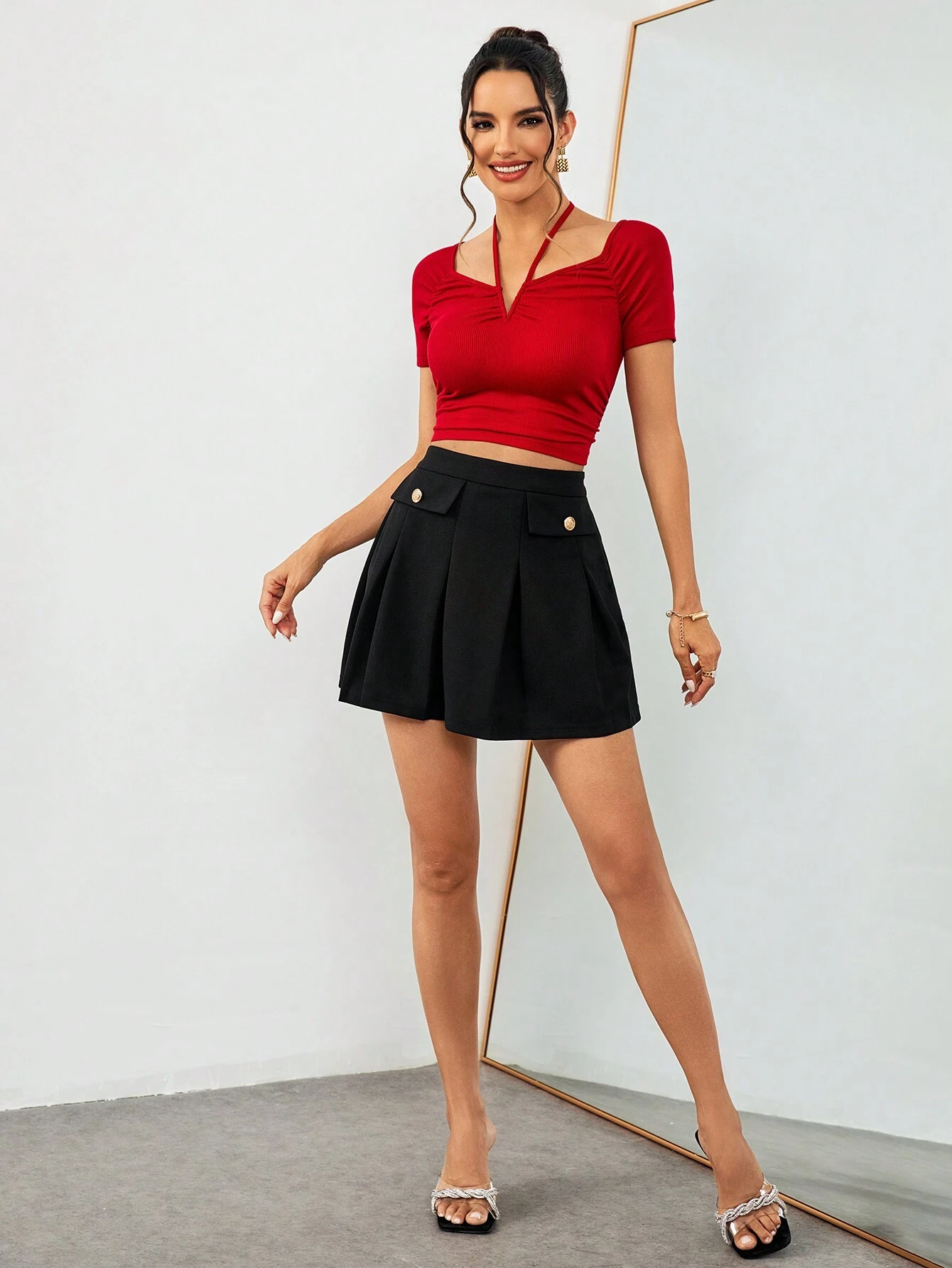 SHEIN Privé Women's Summer Elegant & Casual & Daily & Dating & Work Loose A-Line Button Decor Black Mini Skirt - Image 4