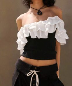 SHEIN Raffinéa Women's Color Block Ruffle Cropped Top With Ruffle Trim, Summer