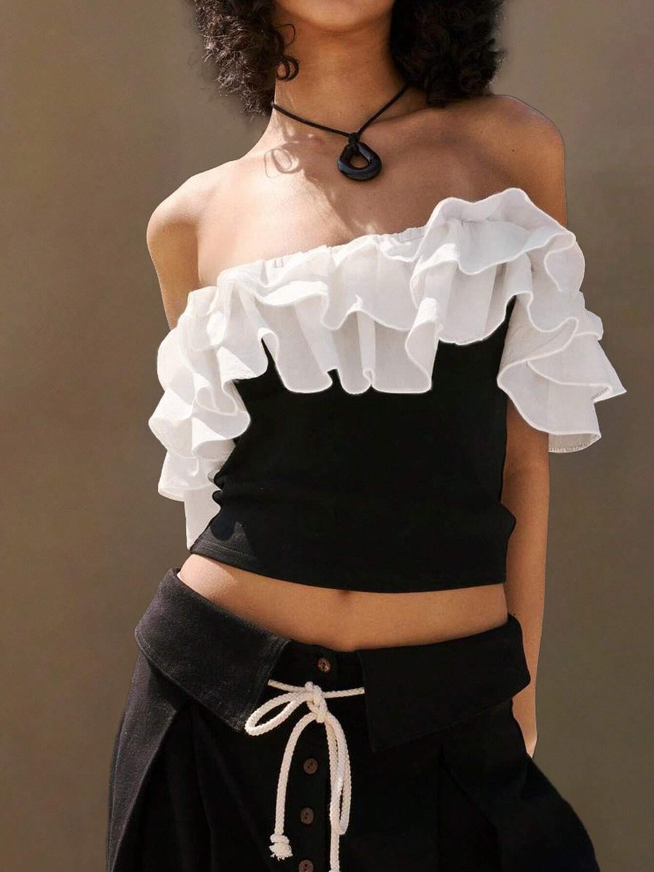 SHEIN Raffinéa Women's Color Block Ruffle Cropped Top With Ruffle Trim, Summer