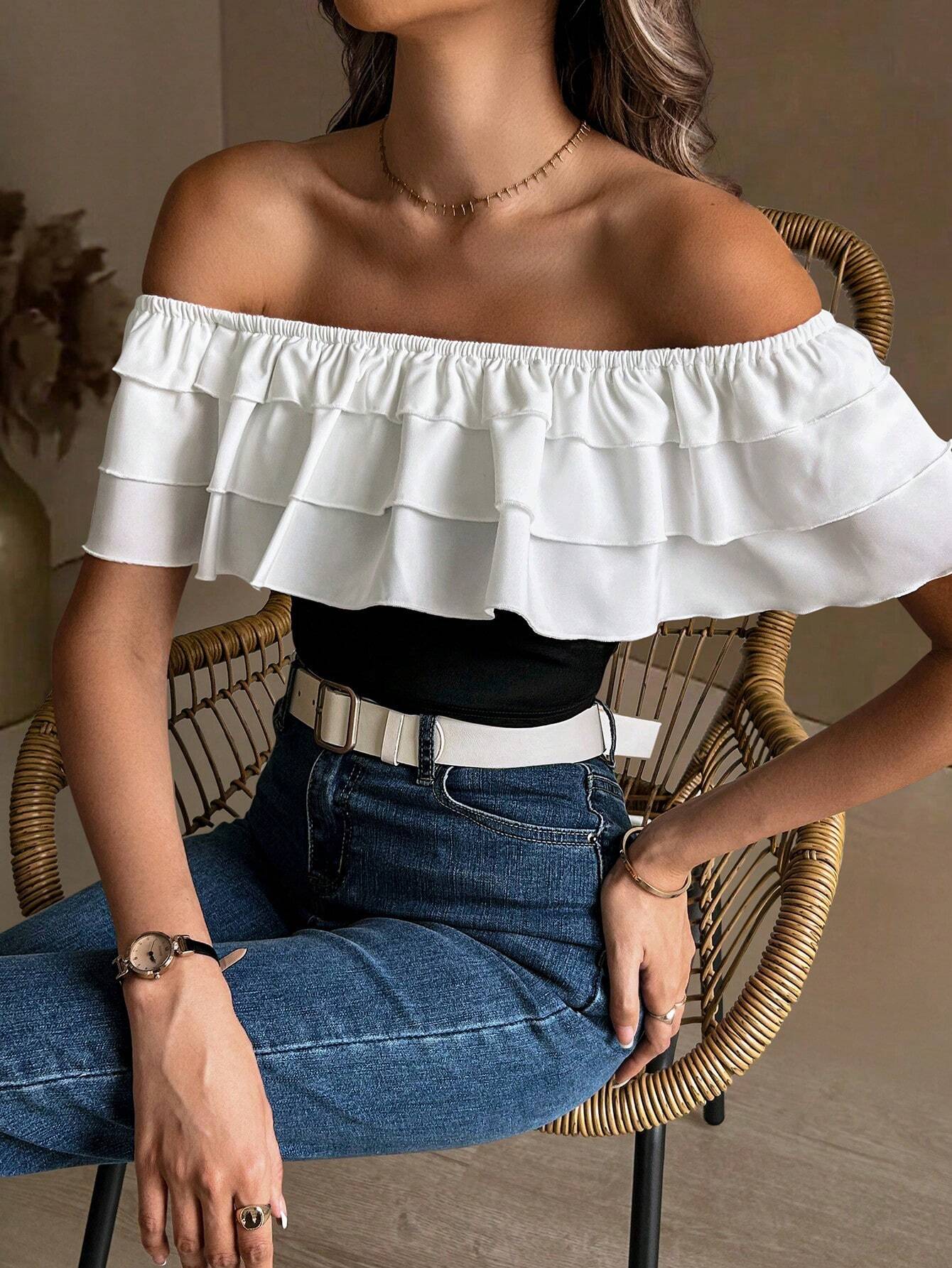 SHEIN Raffinéa Women's Color Block Ruffle Cropped Top With Ruffle Trim, Summer - Image 3