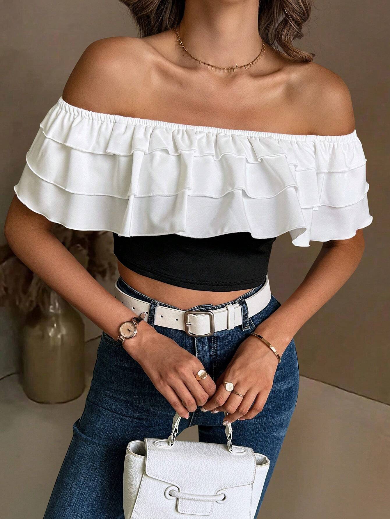 SHEIN Raffinéa Women's Color Block Ruffle Cropped Top With Ruffle Trim, Summer - Image 4