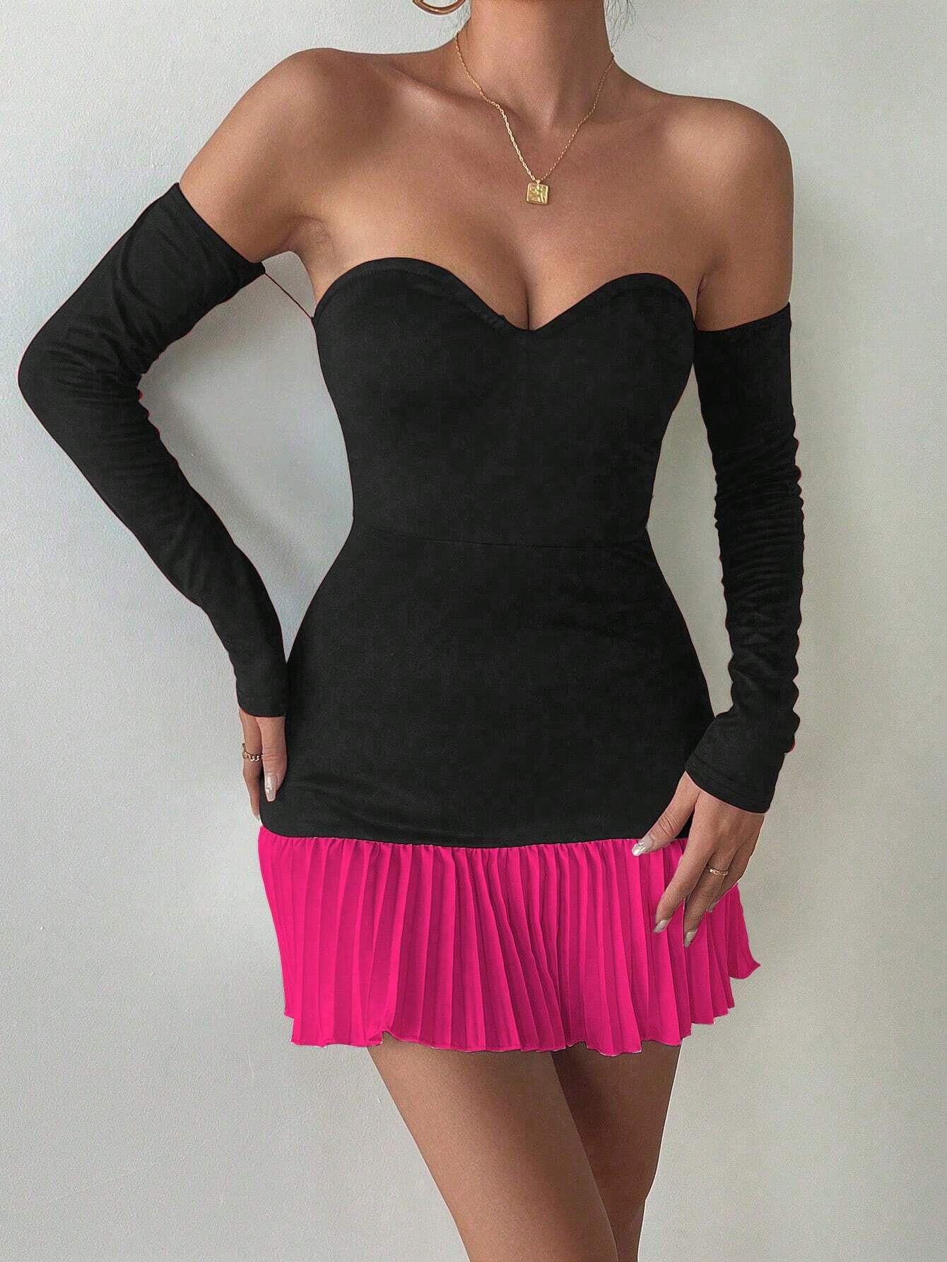 SHEIN Relaxiva 1pc Women's Sleeveless Patchwork Ruched Bodycon Dress In Black & White - Image 4